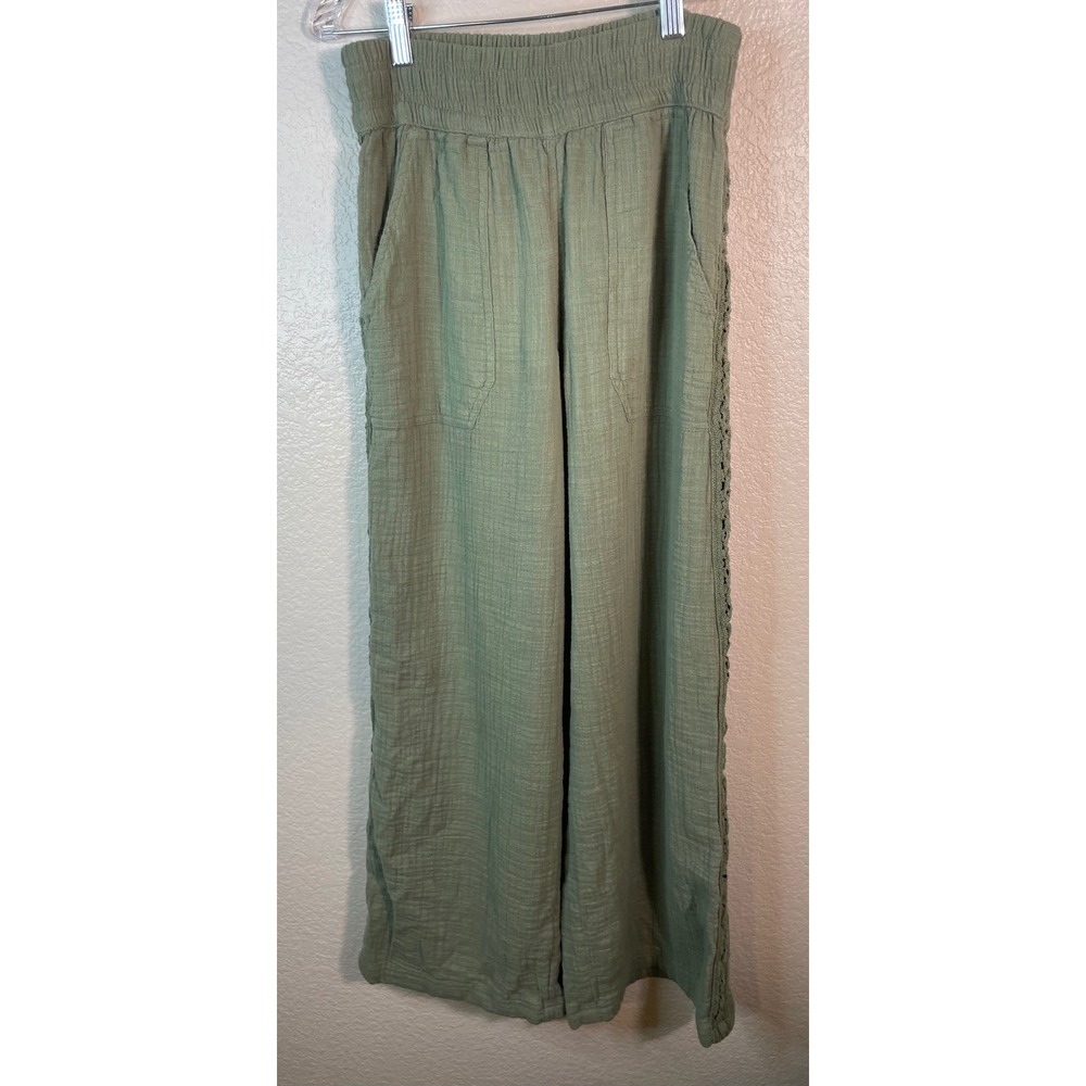 Aerie Womens Small Pants Green Cotton Gauze Wide Leg Crochet Lace Trim Pockets